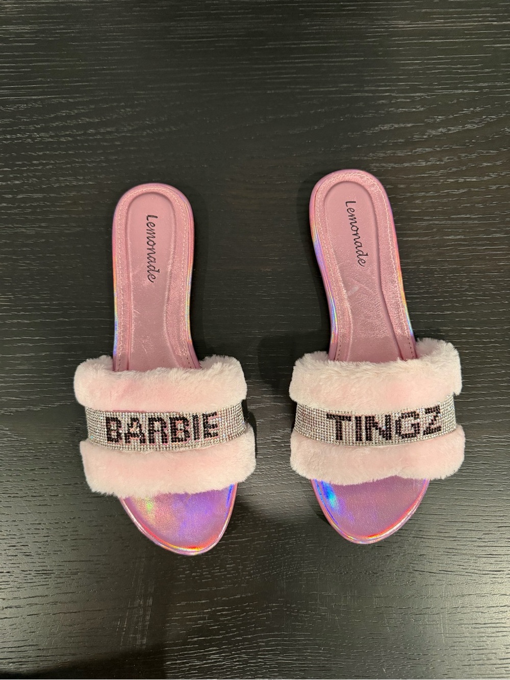 “Barbie Tingz” Pink Faux-Fur Slide Sandals with Rhinestone Lettering